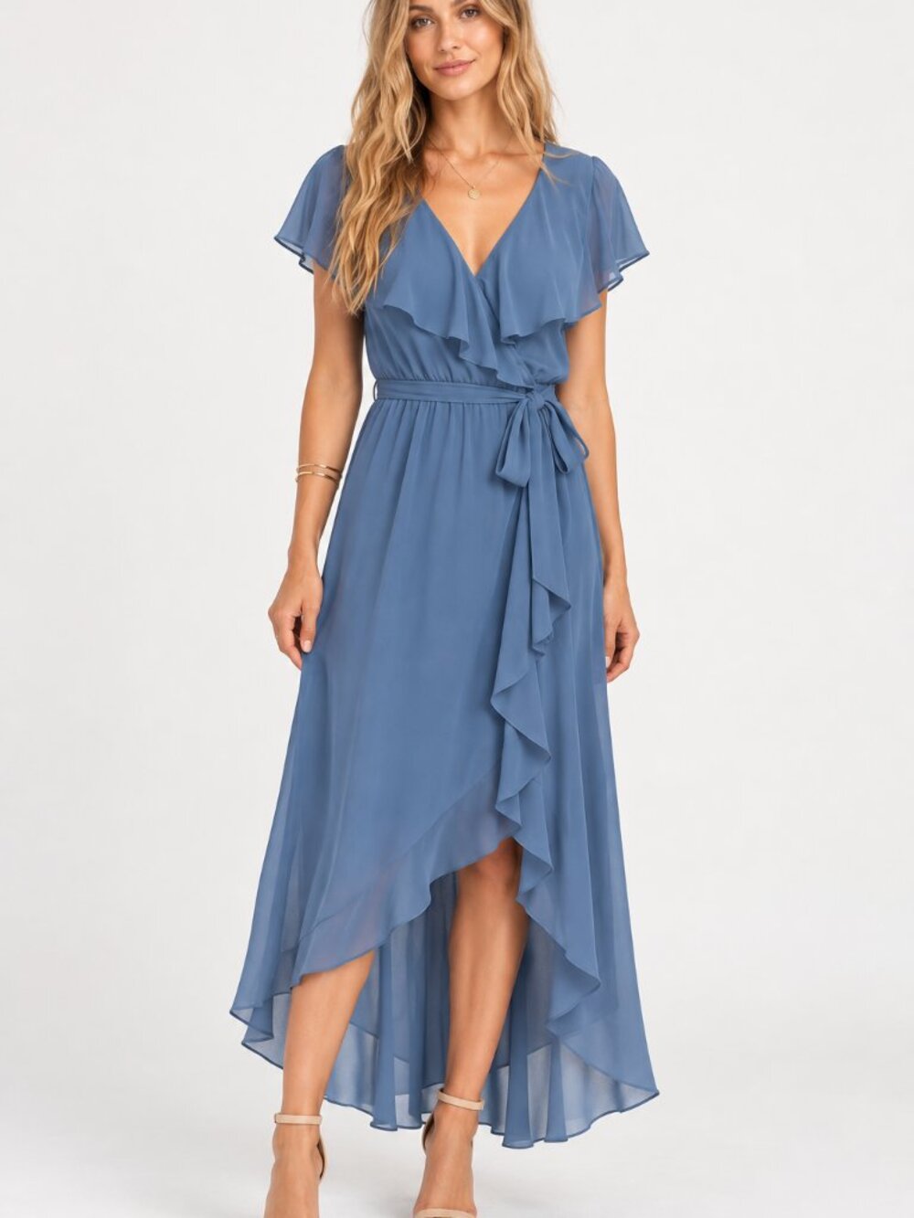 Show Me Your Mumu Blue Jess Ruffle Midi Dress XXS NWT Asymmetrical Wedding Guest
